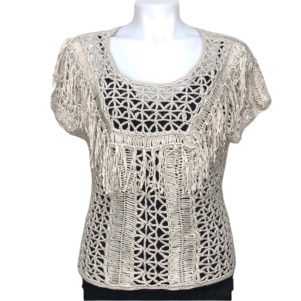 Beige Crochet Cutout Back Fringed Cap Sleeve Sweater by METRIC SM